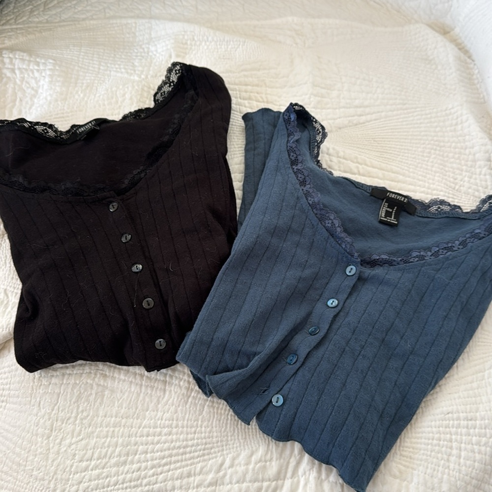 2 Forever 21 Navy & Black Ribbed Lace-Trim Blouse